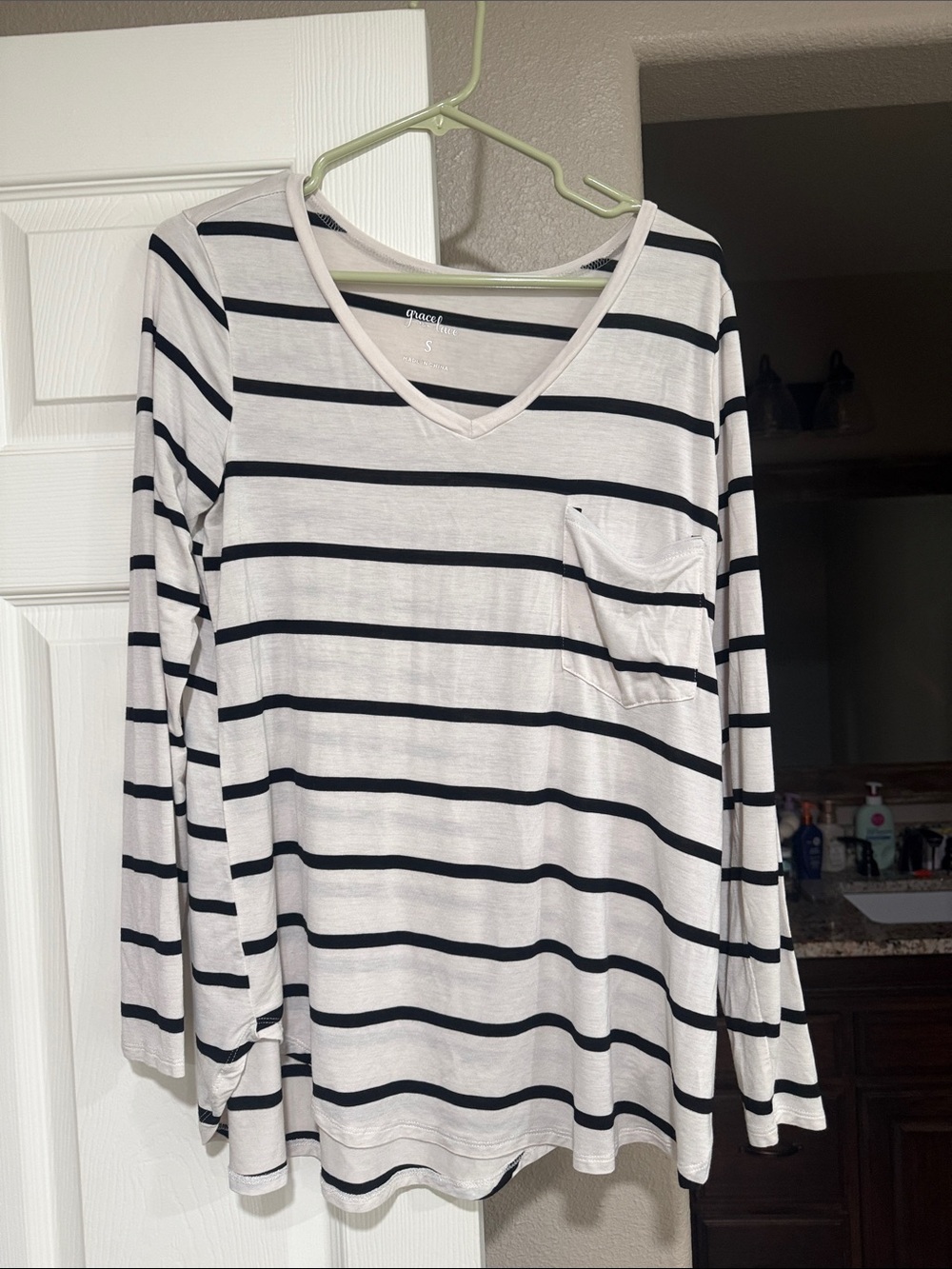 Grace & Lace Long Sleeve V-Neck Striped Tee in White and Black